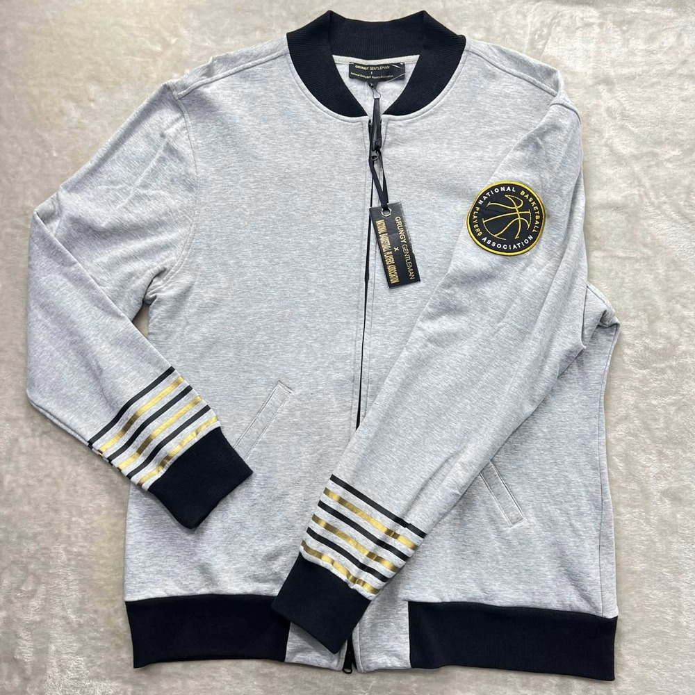 NWT New Grungy Gentleman x NBPA Mens Gray Zip Up Bomber Jacket XL Gold Stripe